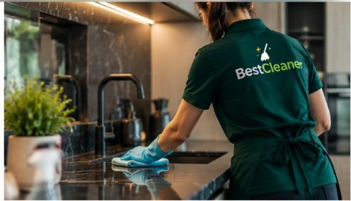 BestCleaner-ის ფორმაში გამოწყობილი თანამშრომელი სამზარეულოს ზედაპირს წმენდს