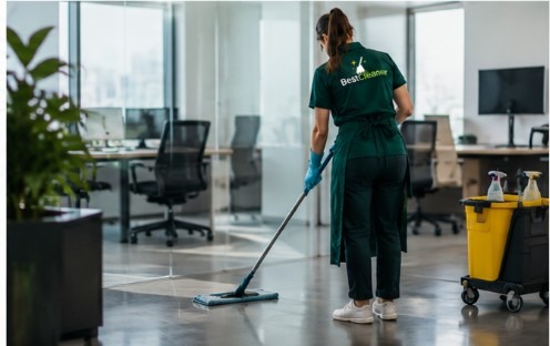 BestCleaner-ის თანამშრომელი ოფისის იატაკს რეცხავს